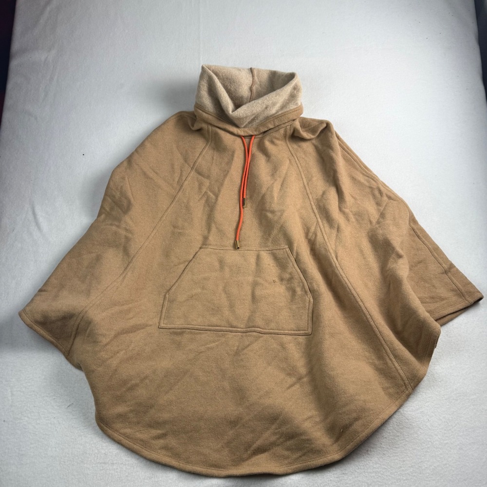Tory Burch Camel Tan Fleece Funnel Neck Poncho Cape Orange Drawstring XS